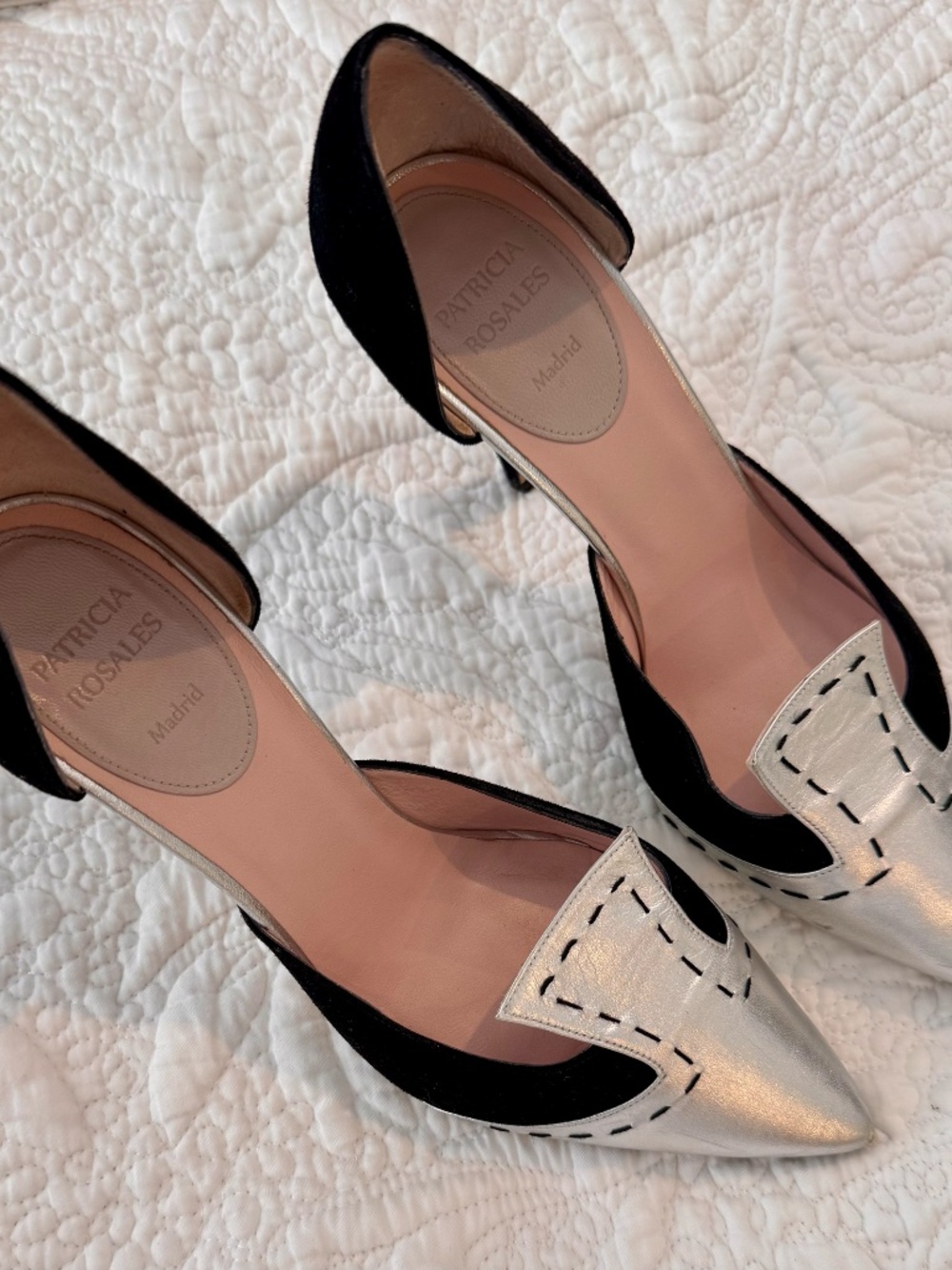Patricia Rosales Silver Leather and Black Suede Heels
